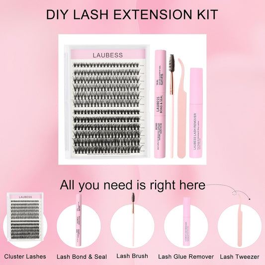 Lash Extension Kit LAUBESS Lash Clusters Kit Cluster Eyelash Extensions Kit Eyelash Clusters Lash Bond and Seal Waterproof Tweezers Brush Lash Glue Remover (Kit 30D/40D-C-Mix9-16)