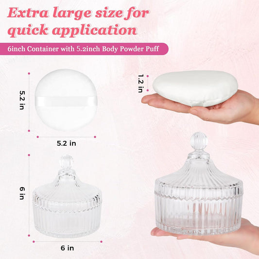2Pcs Extra Large Body Powder Puff & Luxury 6" Glass Jar Dusting Powder Container with Puff for Women Bath Powder Puffs Perfect for Talcum or Loose Powder (White)
