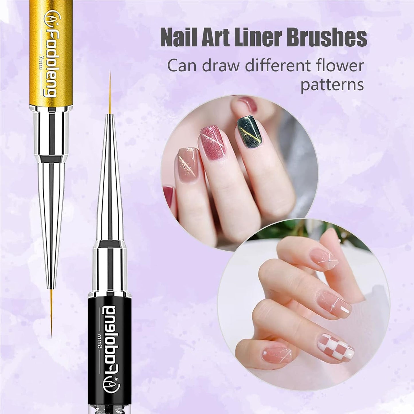 Nail Art Brushes, 7Pcs Nail Design Brushes for Salon at Home DIY Manicure with Nail Liner Brush and Double-ended Fine Nail Art Pen (7/9/11/15/20mm)