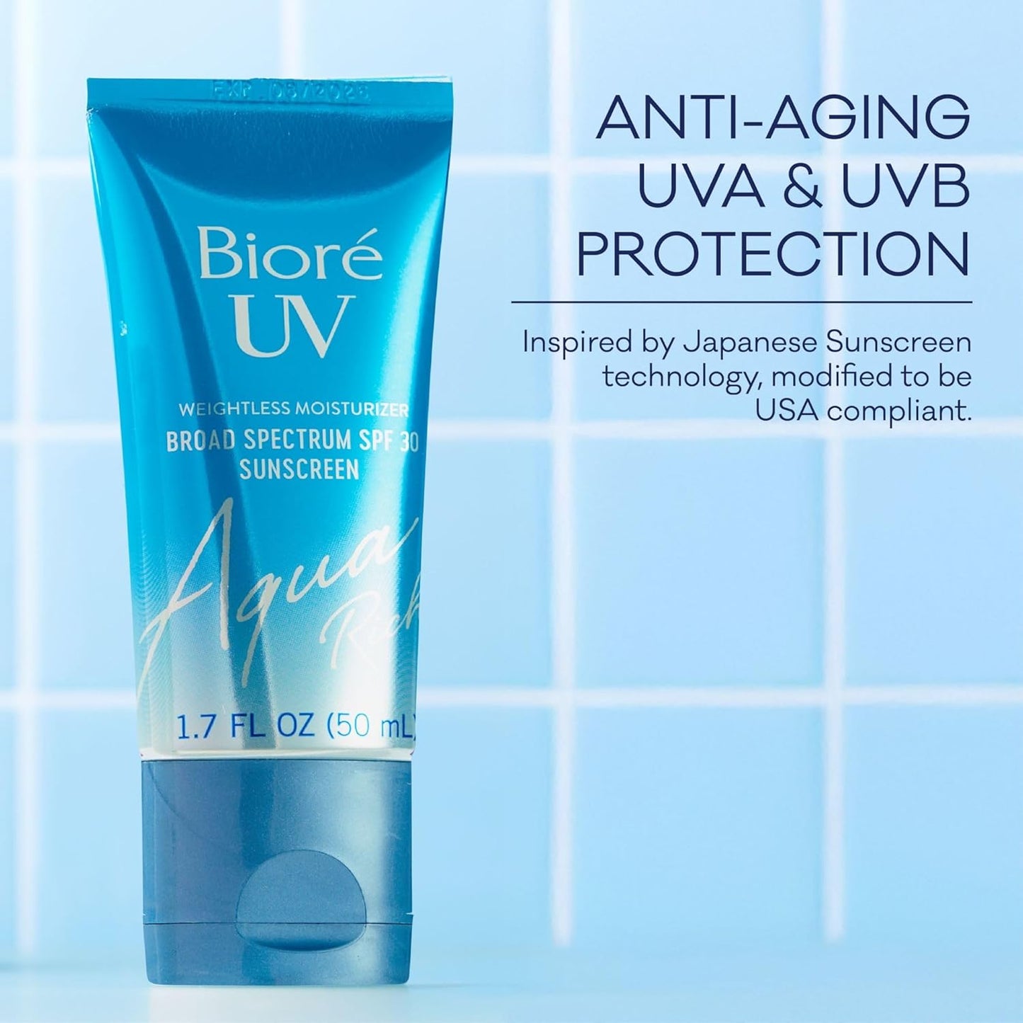 Biore UV Aqua Rich SPF 30 PA+++ Daily Moisturizer Sunscreen for Face, For Sensitive Skin, Oil Free, Hyaluronic Acid, Vegan, Oxybenzone & Octinoxate Free, Dermatologist Tested, 1.7 Oz