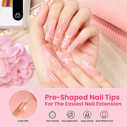 Beetles Gel Nail Tips Long Coffin Pre-Etched Nail Tips, 12 Sizes 288Pcs Pre Shaped Soft Gel Clear Nail Full Cover False Nail Tips Acrylic Glue on Nails Extension Fake Nails Manicure Gifts for Women