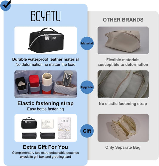 BOYATU Travel Makeup Bags for Women: Vegan Leather Cosmetic Bag Set of 3 - Large Capacity Make up Bag with Divider - Wide Open Waterproof Toiletry Organizer Bag with Handle (05-Black)