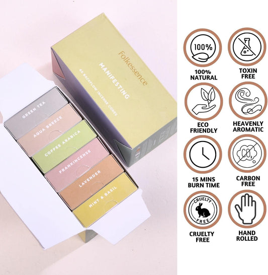 Folkulture Backflow Incense Cones for Waterfall | Set of 6 Waterfall Incense Cones for Gifts for Her | Aqua Breeze, Mint & Basil, Lavender, Green Tea Inscents-Cones (Manifesting)