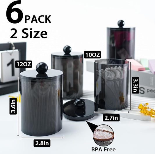 6 Pack Qtip Holder,Canister Apothecary Jar Set, Bathroom Jars with Lids Set for Cotton Swabs, Balls, Pads, Floss Picks,10oz-12oz Plastic Canisters Restroom Bedroom Vanity Organizer(Black)