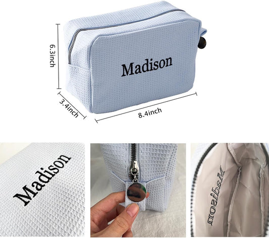 GOPHIE Personalized Embroidered Makeup Bag,Custom Waffle Fabric Cosmetic Pouch for Women, Travel Makeup Pouch (6, Sky Blue)