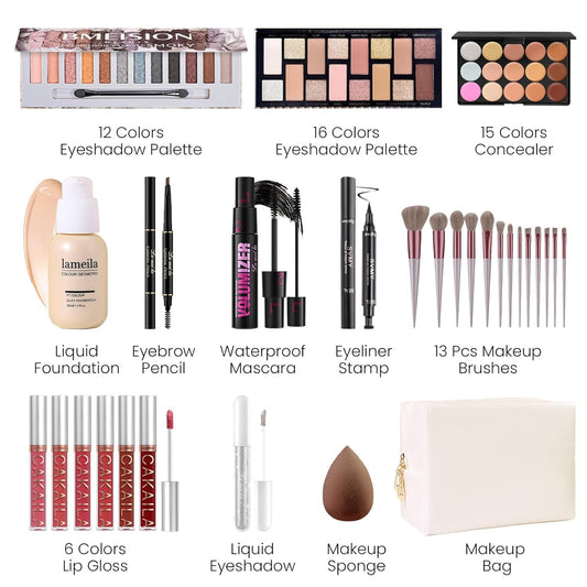 Makeup Present Set for Teen Girl Women, Travel Makeup Kit, Makeup Full Kit for Beginner, Makeup Bundle Include 2 Matte & Shimmer Eyeshadow Palettes, Liquid Glitter Eyeshadow & Eyeliner