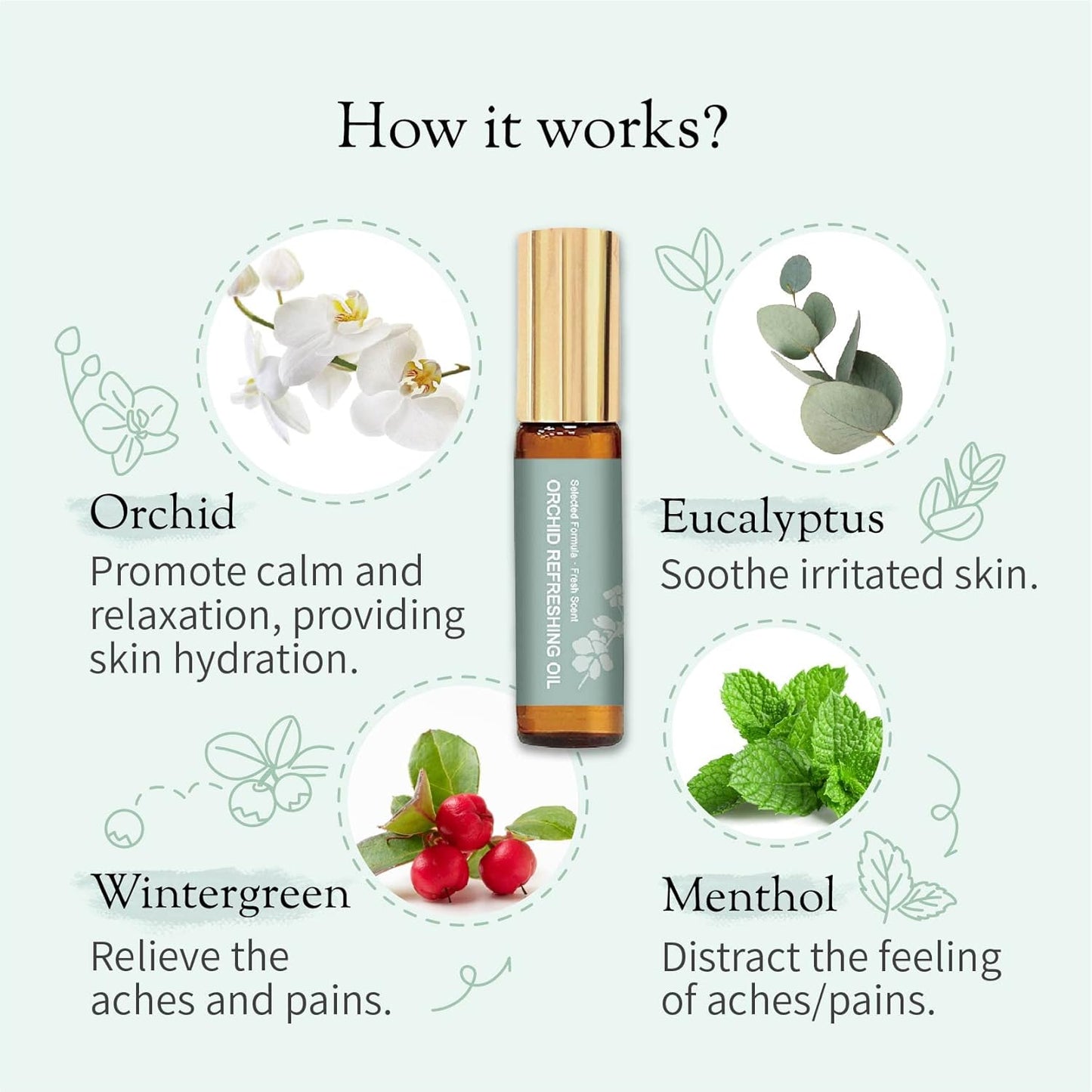 Organic and Kid-Friendly Essential Oil Blend Roll on for Stress Relief, Headache, Itch Relief and Heat Stroke, Includes Orchid, Menthol, Peppermint, Eucalyptus, Wintergreen, 5 ml.