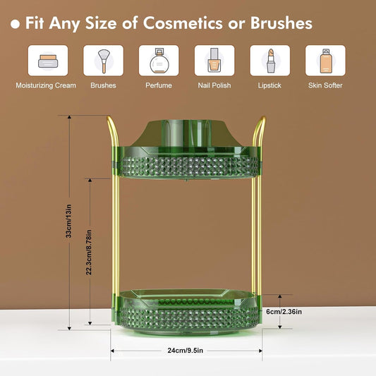 Awenia Rotating Makeup Organizer 360, Stackable Adjustable Large Capacity Cosmetic Storage Unit,Dresser Bathroom Kitchen Countertop Organizer with Metal Handle, Plus Size (Gem Green, 2 Tier)
