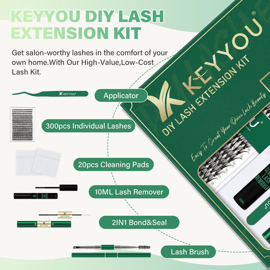 KEYYOU Lash Extension Kit DIY 300Pcs Lash Clusters Eyelash Extension Kit 30D C Curl 9-18MIX Lash Clusters Kit with Lash Glue Remover Applicator Easy to Use for Beginners(Kit,30D-C,9-18MIX)