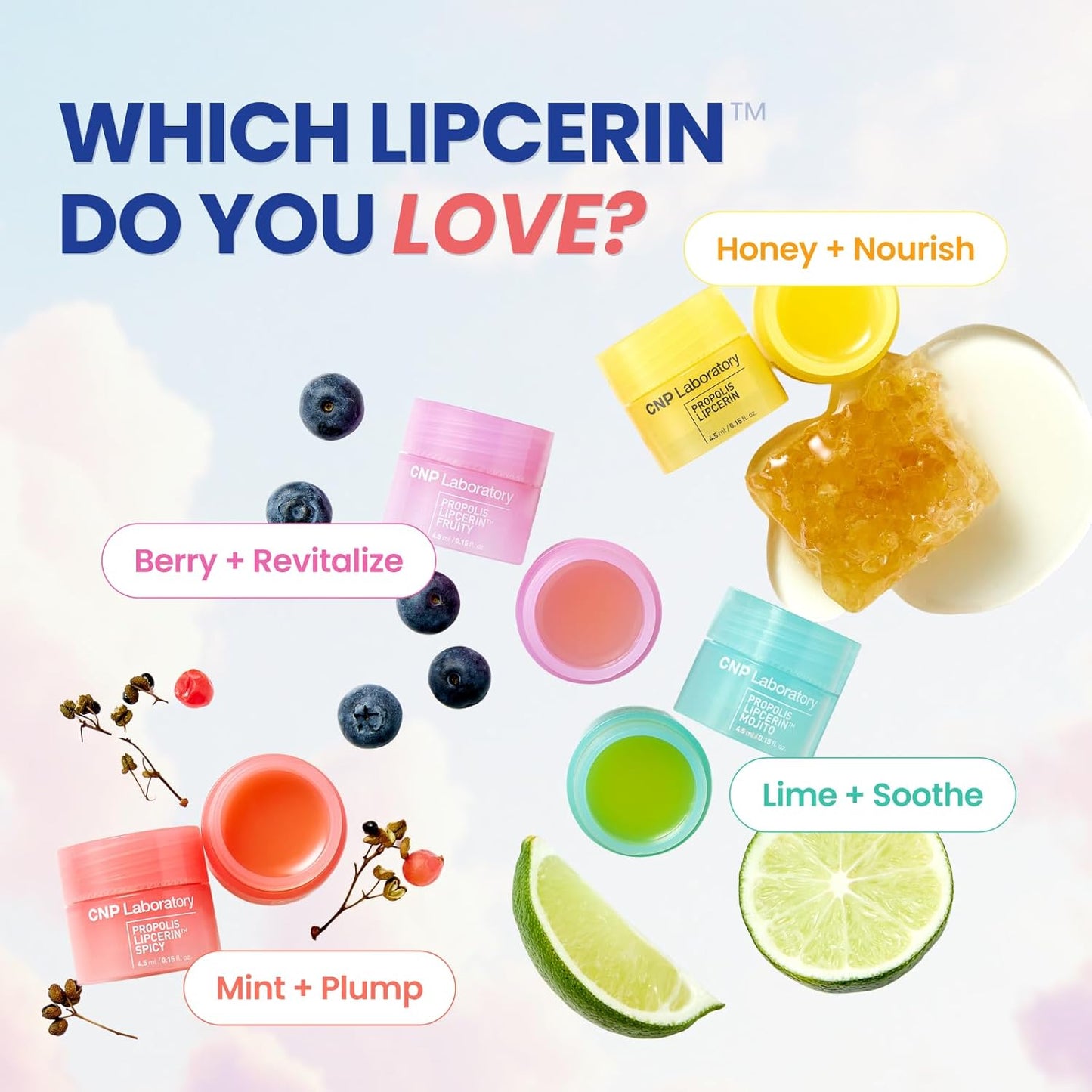 CNP Honey Lip Butter Mini Set – Propolis Lipcerin™ Travel-Size (4 Flavors), Hydrating Overnight Manuka Lip Balm & Mask, 12hr Long-lasting Moisture, Korean Skincare, 0.15 fl.oz. x 4 ea