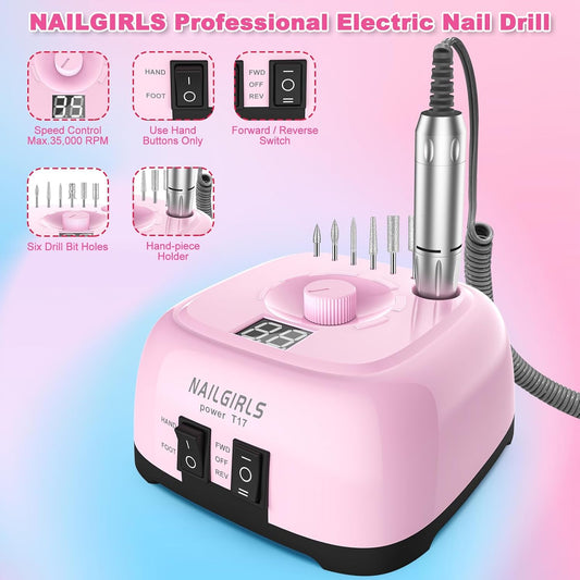 Nail Drill Machine,Professional Electric Nail File Set 35000RPM Nail File Drill Acrylic Nails Kit for Manicure Gel Nail Polish Remover (Pink)