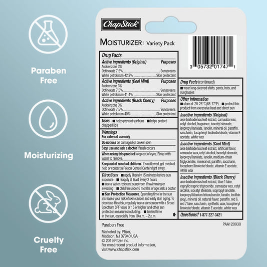 ChapStick Moisturizer 2-in-1 Lipcare SPF 15, Original, Black Cherry, Cool Mint, 3-Pack – Sunscreen Lip Balm with Aloe Vera and Vitamin E, 0.15 Oz Ea