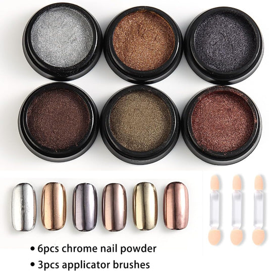 Chrome Nail Powder Set - 6 Colors Rose Gold Bronze Black Chrome Nail Powder, Mirror Effect for Nails, Metallic Rubbing Dust Chameleon Glitter Pigment Flakes, Manicure Salon Supplies