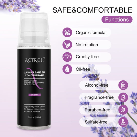 Eyelash Cleanser Concentrate 100ml Lavender Professional Lash Shampoo Foaming Cleanser DIY Paraben & Sulfate Free Non-lrritating Wash for Extensions Lashes with Salon Home Care-Makes 20 Bottles