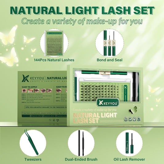Natural Lash Clusters Kit 144Pcs DIY Lash Extension Kit Wispy Eyelash Extensions Kit D Curl 8-18MIX with Bond and Seal and tweezers with Thin Lash Band by KEYYOU(KIT-N04-D-8-18MIX)