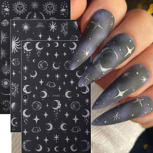 8 Sheets Metallic Nail Art Stickers Decals Silver Moon Star Sun Nail Stickers Eye Snake Nail Decals 3D Self-Adhesive Luxury Nail Art Design Stickers for Women Girls DIY Manicure Decoration Accessories
