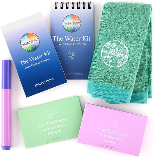 The Water Kit by Two Sage Sisters - Self Care Kit with Soap Sheets, Notebook, Marker, and Washcloth, Bath Shower Sets for Meditation and Relaxation, Mini Spa Kit Self Care Box for Women and Men
