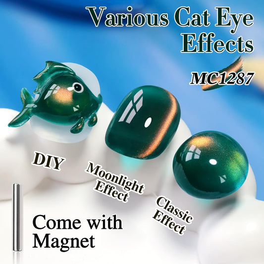 Double Rhythm 0.5 OZ Cat Eye Gel Polish with Magnet 15ML Holographic Glitter Shimmer Translucent Jelly Color Magnetic Nail Polish Salon DIY at Home (Golden Green-MC1287)