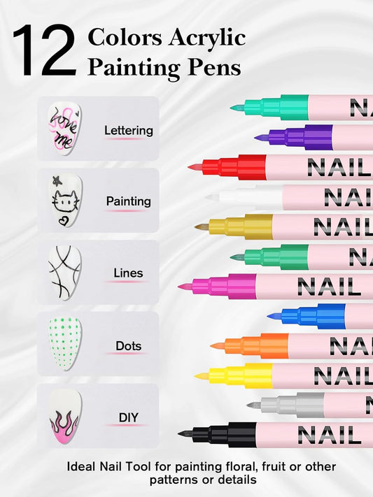 EBANKU 12 Colors Nail Art Pens Set, 3D 0.7MM Nail Polish Pens Quick-Drying Nail Art Acrylic Paint Nail Point Dotting Liner Pen Tools for Home & Salon Nail DIY
