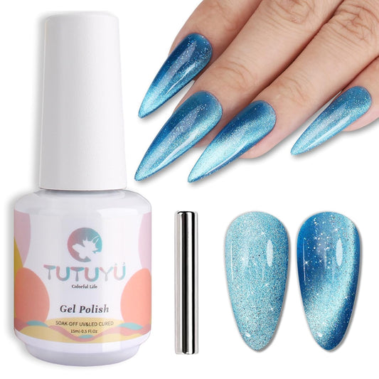 Blue Cat Eye Gel Nail Polish,Iridescent Quicksand Galaxy Holographic Blue Cateye Gel Polish with Magnet, Shimmer Velvet Soak Off Uv Led Home Diy Manicure - GP0102