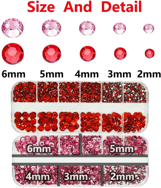 Pink and Red Rhinestones with Glue(S8-S30) for Bedazzling,2mm-6mm Non-Hotfix Flatback Nail Gems Beads with B7000, Resin Nail GemsStones Diamond Kit for Bedazzle Crafting, Nails DIY Art Decoration