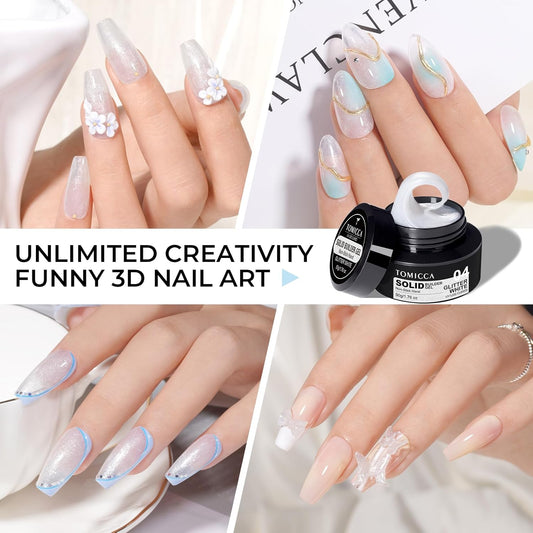 TOMICCA 3D Gel Nail Art, White Sparkles Sculpting Gel for Nail Art 1.76 OZ 3D Nail Hard Gel Nail Gel Nail Extension Gel for Nails Manicure DIY at Home Glitter