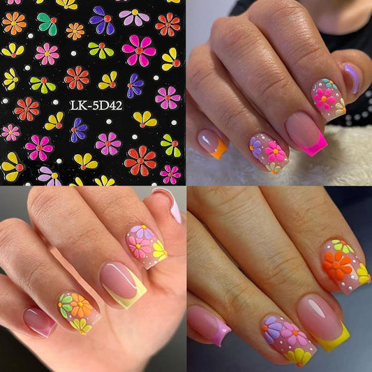 Flower Nail Art Stickers Decals 5D Embossed Nail Decals Spring Summer Nails Design Self-Adhesive Supplies Accessories 3D Flower for Women Nails DIY Decoration(6 Sheets)