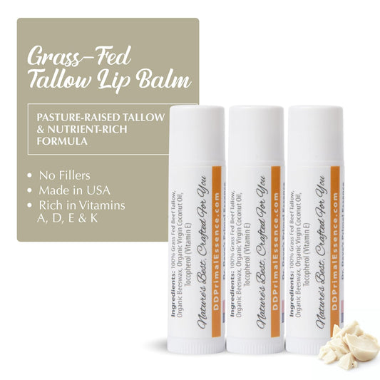 Moisturizing Tallow Lip Balm – Grass-Fed Beef Tallow with Organic Coconut Oil, Beeswax, and Vitamin E – Unscented Lip Balm Set – Travel Essential - 3-Pack