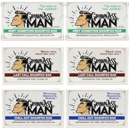 Solid Shampoo Bar Rich Lather 3 in 1: Hair, Beard & Body Wash - Plastic Free & Eco-Friendly, Natural & Organic Clean for All Hair Types, 4oz Bar (Variety, 6-Pack)