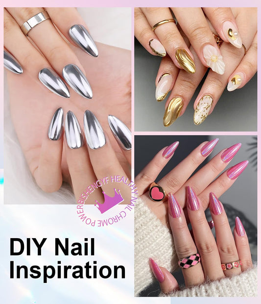 Mermaid Gold Chrome Nail Powder: 6 Colors Mirror Effec Green/Pearl Chrome Nail powder,Magic Mermaid Pink Chrome Nail Powder Pigment for Nail Art Design Home DIY(Laser/Silver)