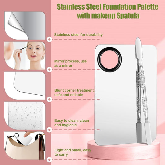 Makeup Mixing Palette Set, Makeup Hand Palette Single Use Makeup Mixing Tray Disposable Adhesive Cosmetic Makeup Palette Transparent Makeup Tape, Stainless Steel Foundation Mixing Palette with Spatula