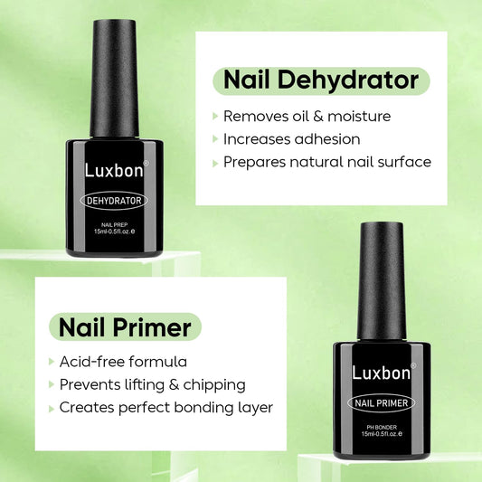 Luxbon 2 Pcs 15ml Nail Primer & Nail Dehydrator Set - Long Lasting, Shine Finish, UV LED Nail Lamp Soak Off Gel Nail Prep Set Manicure