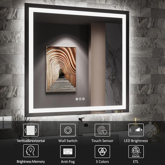 Amorho LED Bathroom Mirror 38'' X38'' with Front and Backlit, Stepless Dimmable Wall Mirrors with Anti-Fog, Shatter-Proof, Memory, 3 Colors, Double LED Vanity Mirror