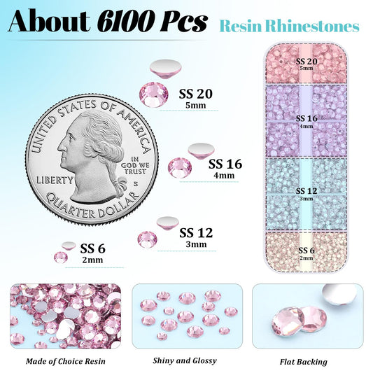 6100Pcs Resin Rhinestones for Crafting with 2Pcs 10ml B7000 Jewelry Glue, 1 Box Flatback Crystals Diamond (Light Pink) for Bedazzling Crafts DIY Nail Art Non Hotfix Gems for Clothing Shoes