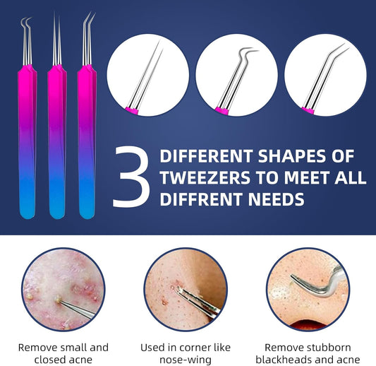 Pimple Popper Tool Kit - Ybaoo 10 Pcs Blackhead Remover Comedone Extractor Kit with Metal Case for Quick and Easy Removal of Blackheads, Zit Removing, Facial and Nose(Colorful)