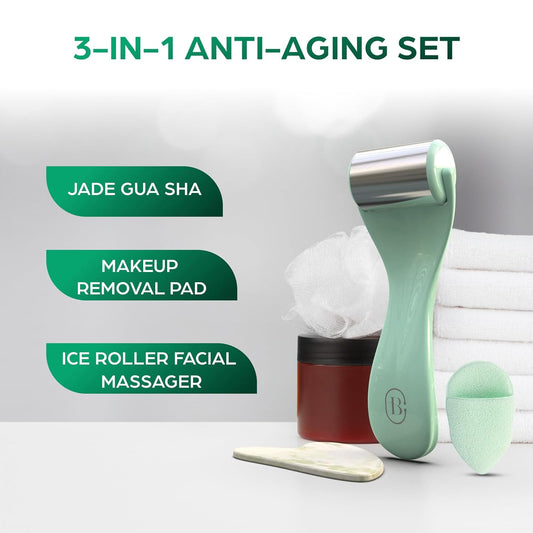 Bella Ciao 3-in-1 Anti-Aging Skin Care Set, Skin Care Set for Teens, Includes Jade Gua Sha, Makeup Removal Pad, Ice Roller Facial Massager, Gua Sha Facial Tools, Gua Sha Stone