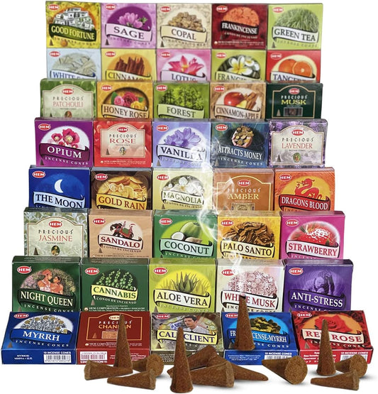 Hem Incense Cones Variety Pack of 12 Randomly Selected Fragrances and Incense Cone Holder Bundle Total 120 Cones
