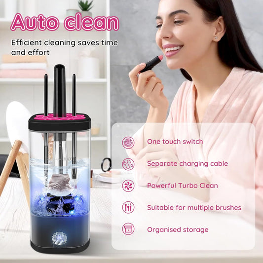 Electric Makeup Brush Cleaner Machine, Ultimate Efficient Automatic Cleaner for All Types of Makeup Brushes - Black Pink