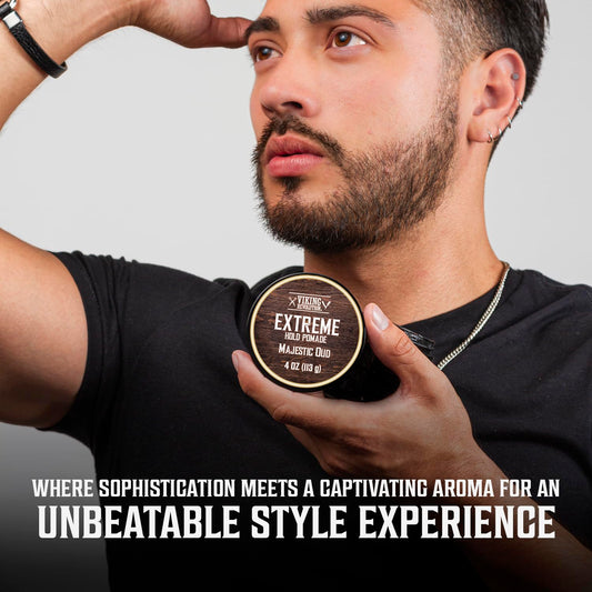Viking Revolution Majestic Oud Hair Pomade for Men - Extreme Hold Hair Gel for Men Water Based - Mens Pomade Extra Firm Mens Hair Pomade Strong Hold - High Shine Mens Hair Cream (4oz)