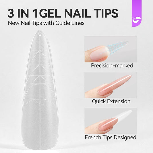 XXL Almond Gel Nail tips: 3 in 1 Gelike ec French Full Matte Guiding Line Nail Tips, Extra Long Gel Nails with Auxiliary Positioning Line, Nail Extension Tips for Beginners 84 Pcs 10 Sizes