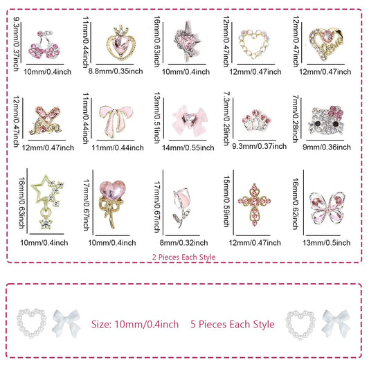 40PCS Nail Charms Y2k Pink Gold Nail Art Rhinestone Charms 3D Heart Star Bow Cherry Nail Gems for Acrylic Nail Accessories for Women Girl Manicure DlY Crafts Supplies