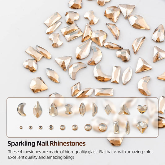 Nail Rhinestones Kit, Nail Art Decorations with Wax Pencil Flat AB Rhinestones Kit DIY Crafts Gemstones for Nail, Shoes, Clothes, Jewels (600 Champagne diamonds + 2500 flat rhinestones)