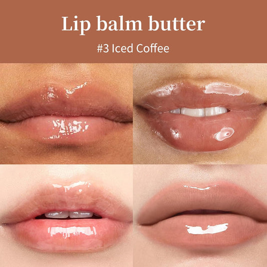 Summer Lip Butter Balm,Moisturizing Hydrating Lip Gloss Balm Set,Long-lasting Non-Sticky Nourishing Lip Care with Natural Ingredients for Soothing Softening Lips(#3-Iced Coffee)