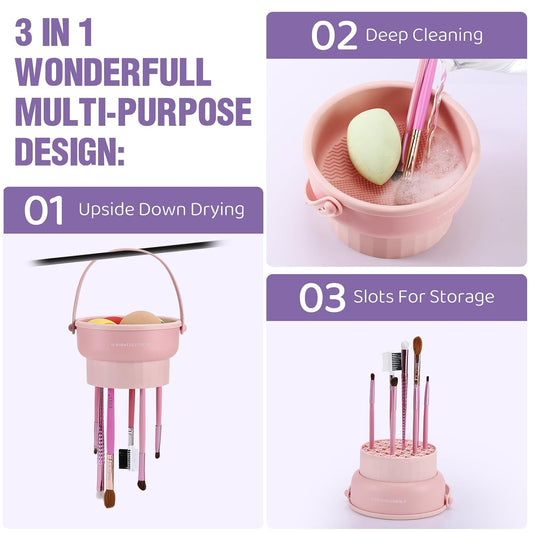 2 Pack Makeup Brush Cleaner Mat 3 in 1 Silicone Makeup Brush Cleaner Makeup Brush Cleaning Bowl Makeup Brush Sponge Scrubber Tool for Cleaning, Storage And Upside Down Drying(Two Pink)