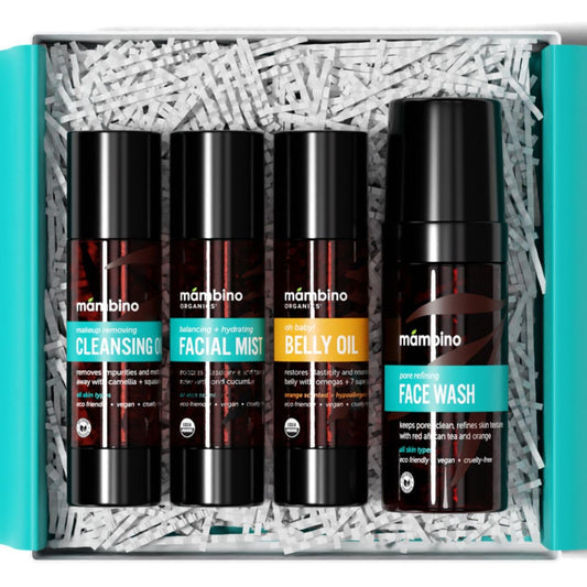 Third Trimester Set โ All Natural Skincare Pregnancy Gift Box โ Anti-stretch mark Belly Oil, Rose Facial Mist, Cleansing Oil, Face Wash - Mambino Organics
