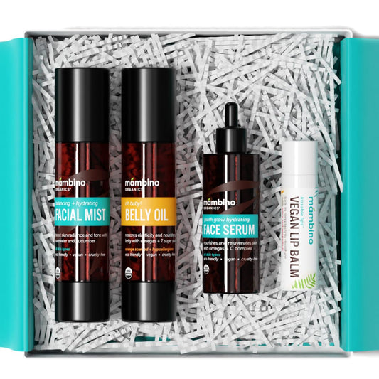 First Trimester Set โ All Natural Skincare Pregnancy Gift Box โ Anti-stretch mark Belly Oil, Rose Facial Mist, Youth Glow Face Serum, Lip Balm - Mambino Organics