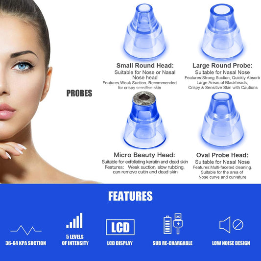 Blackhead Remover Pore Vacuum, Face Suction Pore Cleaner, 5 Suction Power Electric Blackhead Extractor Tool, 4 Probes, Blackhead Suction Remover for Women & Men(Blue)