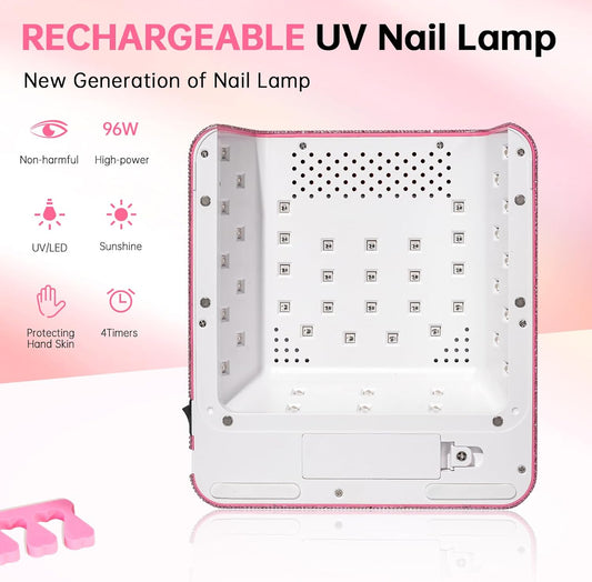 Cordless UV Nail Lamp for Gel Polish 96W,Rechargeable LED Nail Light Professional Nail Dryer with 4 Timer Setting,Touch Control & Auto Sensor,Fast Curing lamp for Salon & Home