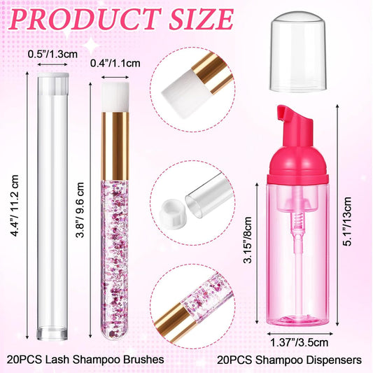 Zhehao 80 Pcs Lash Shampoo Bottle Brushes Kit 20 Foam Pump Dispensers 20 Lash Shampoo Brushes 20 Eyelash Aftercare Bag 20 Cleaning Pipes, Eyelash Extension Supplies(Rose Red)