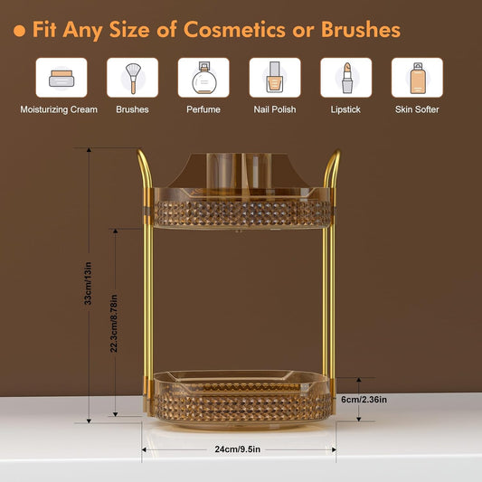 Awenia Rotating Makeup Organizer 360, Stackable Adjustable Large Capacity Cosmetic Storage Unit,Dresser Bathroom Kitchen Countertop Organizer with Metal Handle, Plus Size (Honorable Gold, 2 Tier)
